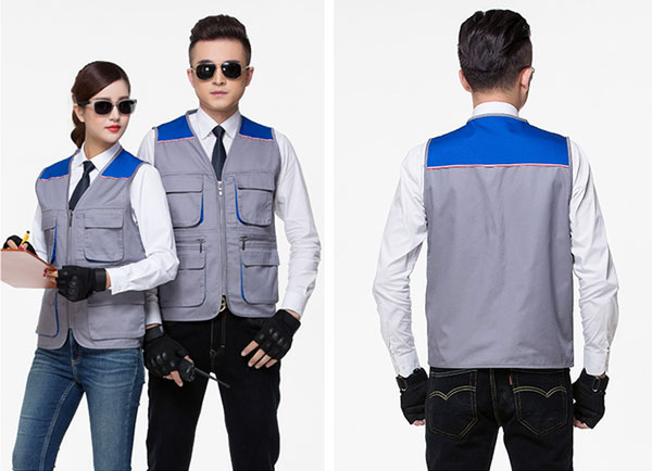 多口袋藍黃拼色款馬甲定做款式設計后背款式圖