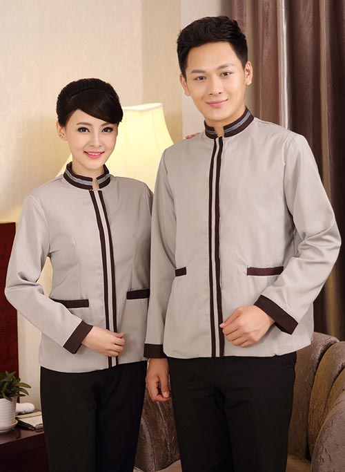 杏色男、女式長(zhǎng)袖保潔工作服定做款式