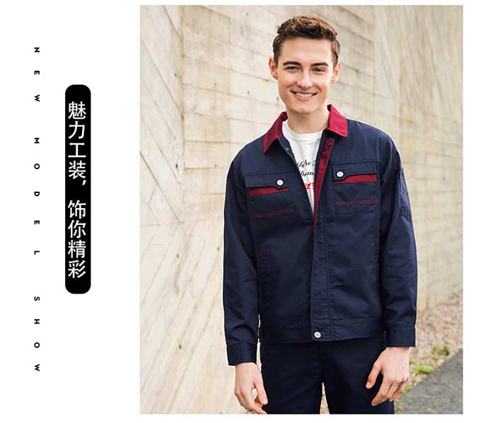 深藍色長袖滌棉深圳工衣定做模特展示圖